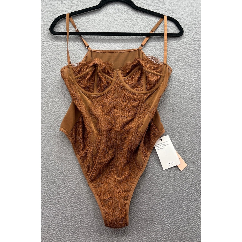 Micas Bodysuit Lingerie Teddy Top Size Large Brown Lace Mesh Underwire NWT